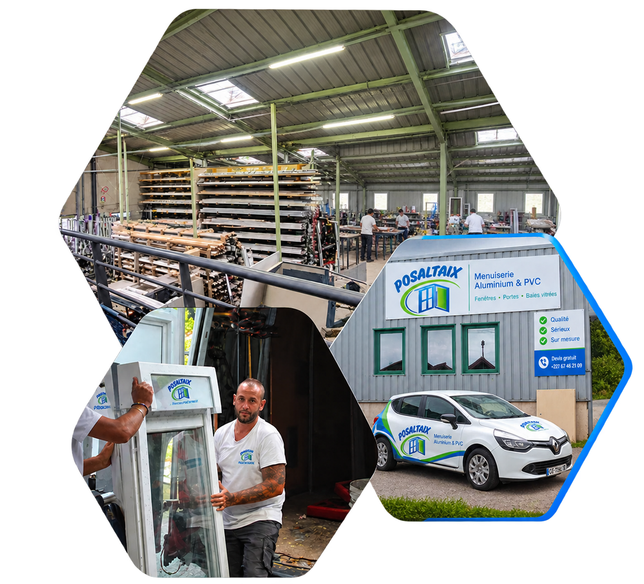 Atelier, équipe et véhicule Posaltaix — menuiserie aluminium et PVC